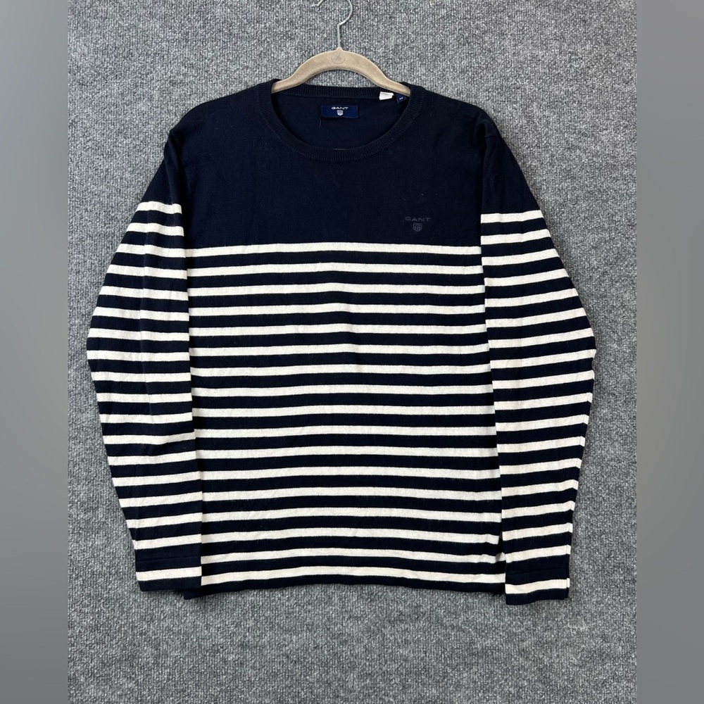 Gant‎ Sweater Men Size M Navy White Striped Crew Neck Cotton Cashmere Blend